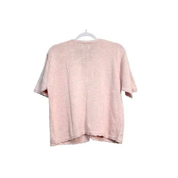 Vintage Cardigan Sweater Size L. Pink Embroidered Beaded Floral Knit - Picture 9 of 13